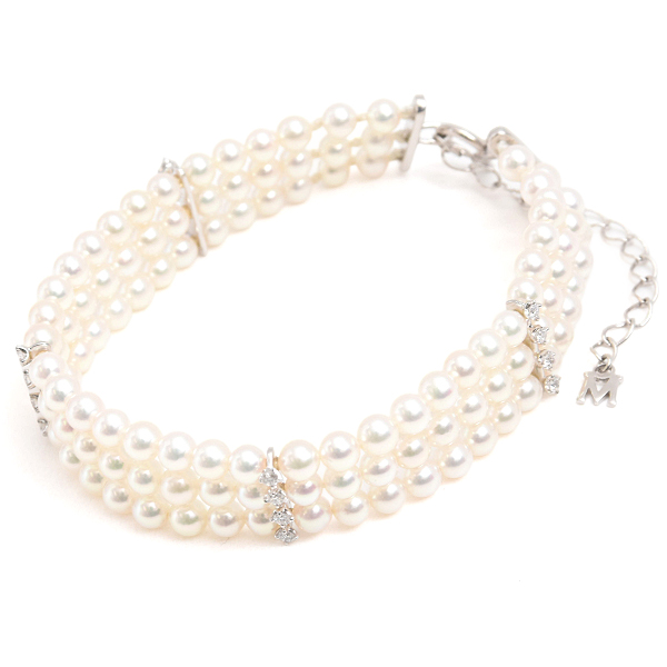 ミキモト ブレス レディース 3連 ベビーパール ダイヤ ブレス D0.44ct ホワイトゴールド MIKIMOTO K18WG 中古