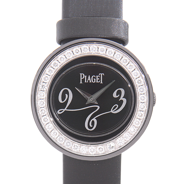 ピアジェ 時計 レディース ポセション ダイヤモンドベゼル 電池式 ブラック文字盤  ホワイトゴールド  PVD 750WG PIAGET P10402 中古