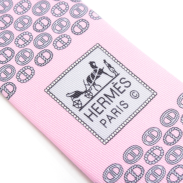エルメス ネクタイ メンズ シェーヌダンクル柄 総柄 シルク100% ピンク HERMES 中古