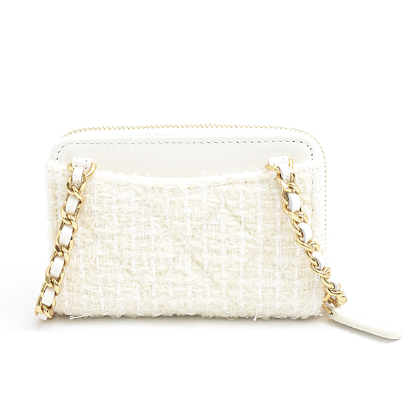 シャネル バッグ レディース マトラッセ リボン チェーンショルダー カードケース コインケース ツイード ホワイト CHANEL 中古