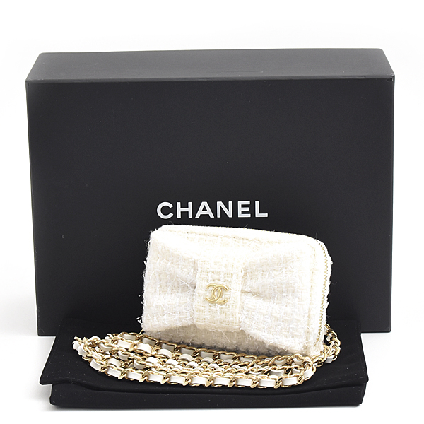 シャネル バッグ レディース マトラッセ リボン チェーンショルダー カードケース コインケース ツイード ホワイト CHANEL 中古