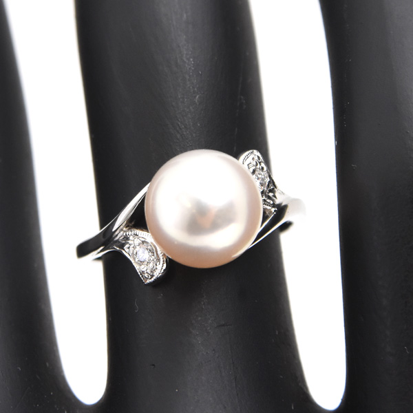 ミキモト 指輪 レディース 1Pパール ダイヤリング 9号 8.6mm珠 プラチナ MIKIMOTO PT950 中古