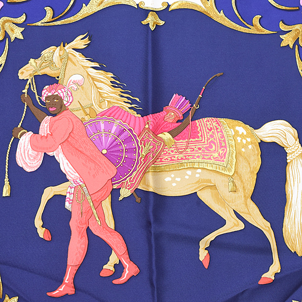 エルメス スカーフ レディース カレ90 CHEVAL TURC トルコの馬 大判 ストール 青 ネイビー シルク HERMES 中古