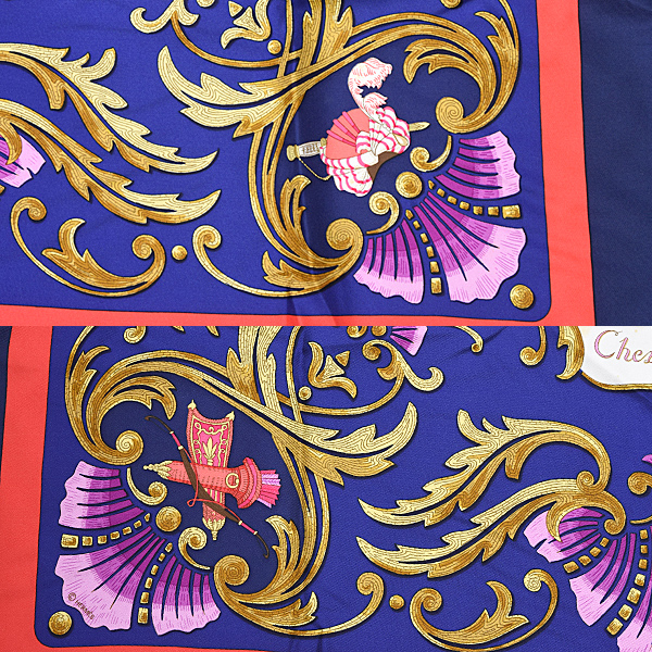 エルメス スカーフ レディース カレ90 CHEVAL TURC トルコの馬 大判 ストール 青 ネイビー シルク HERMES 中古