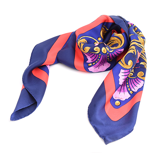 エルメス スカーフ レディース カレ90 CHEVAL TURC トルコの馬 大判 ストール 青 ネイビー シルク HERMES 中古