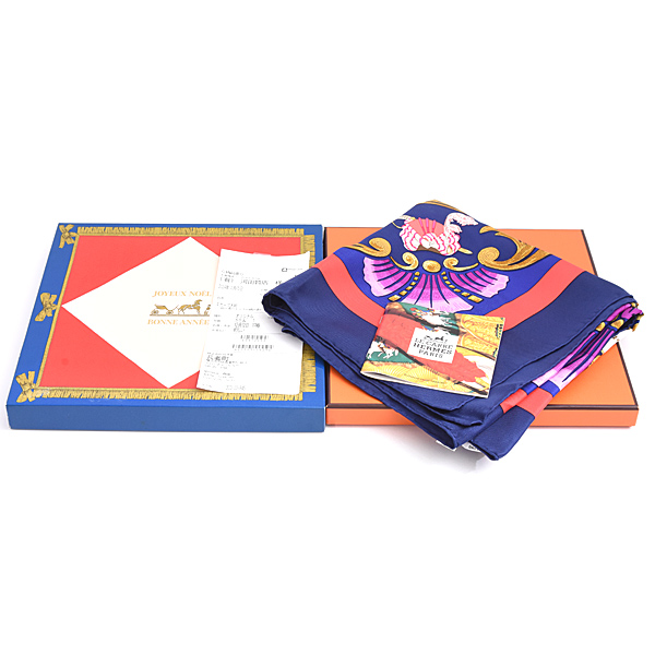 エルメス スカーフ レディース カレ90 CHEVAL TURC トルコの馬 大判 ストール 青 ネイビー シルク HERMES 中古