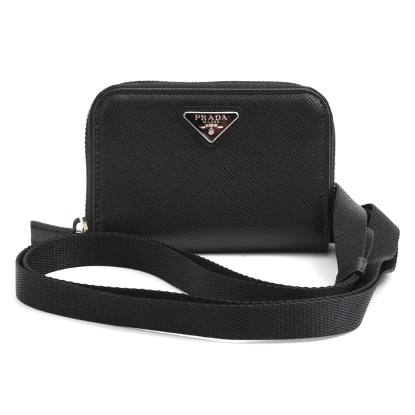 プラダ ユニセックス カードケース ストラップ付 コインカードケース サフィアーノレザー ブラック PRADA 2MR021 中古