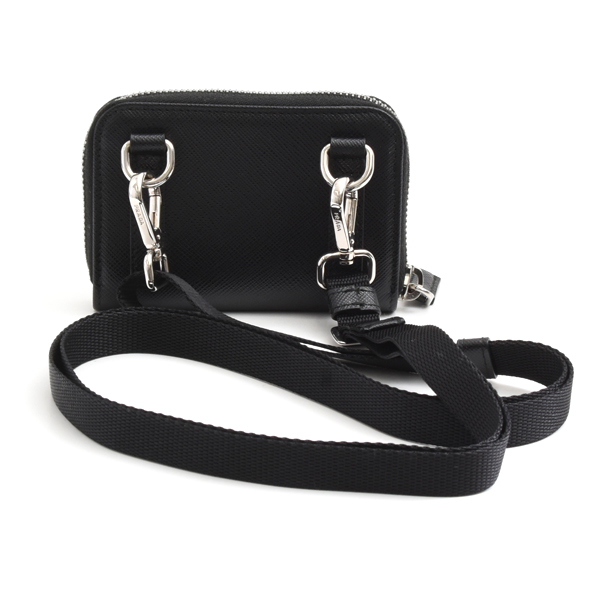 プラダ ユニセックス カードケース ストラップ付 コインカードケース サフィアーノレザー ブラック PRADA 2MR021 中古
