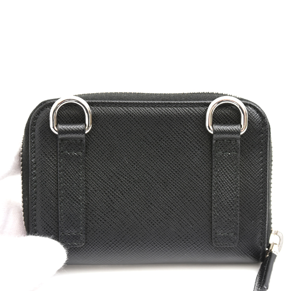 プラダ ユニセックス カードケース ストラップ付 コインカードケース サフィアーノレザー ブラック PRADA 2MR021 中古