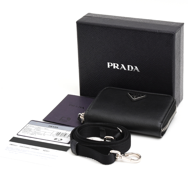 プラダ ユニセックス カードケース ストラップ付 コインカードケース サフィアーノレザー ブラック PRADA 2MR021 中古
