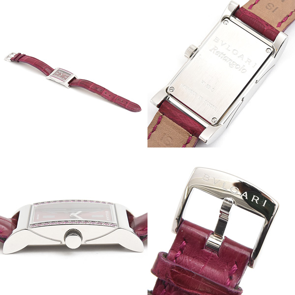 ブルガリ 時計 レディース レッタンゴロ ロードライトガーネットベゼル 電池式 ワインレッド文字盤 ステンレス BVLGARI RT39S 中古