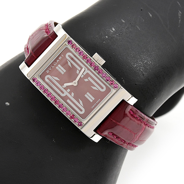 ブルガリ 時計 レディース レッタンゴロ ロードライトガーネットベゼル 電池式 ワインレッド文字盤 ステンレス BVLGARI RT39S 中古