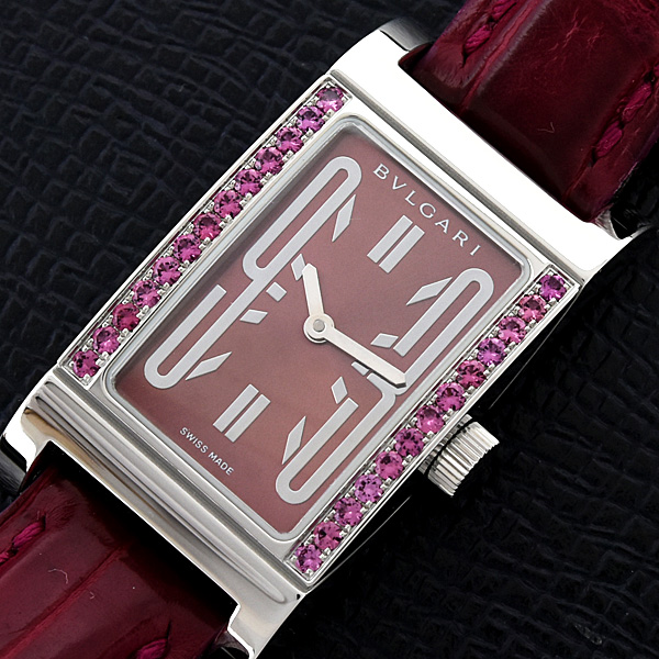 ブルガリ 時計 レディース レッタンゴロ ロードライトガーネットベゼル 電池式 ワインレッド文字盤 ステンレス BVLGARI RT39S 中古