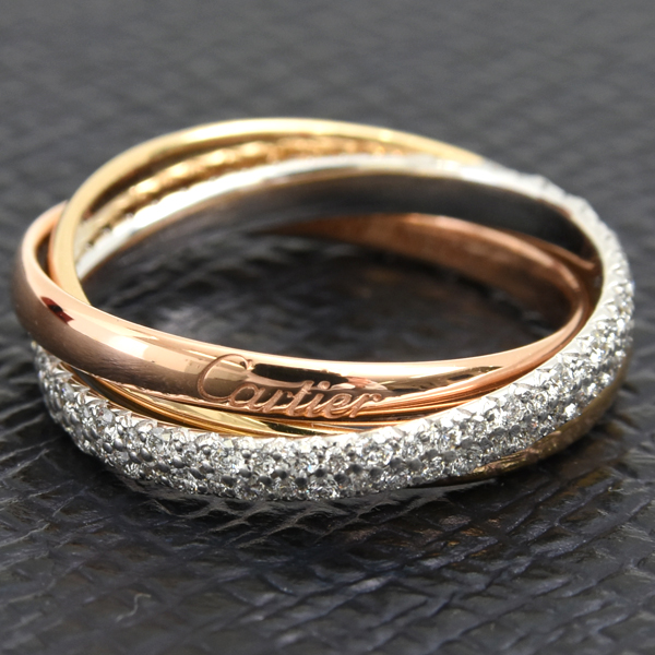 カルティエ 指輪 レディース トリニティ セミパヴェダイヤ SM リング 52号 ゴールド Cartier 750YG×WG×PG 中古