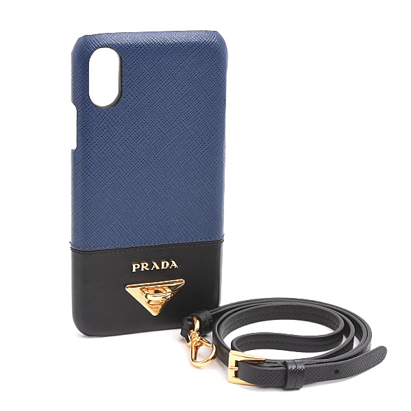 プラダ レディース サフィアーノレザー iPhone X/XS対応 iPhoneケース ネックストラップ付 ネイビー ブルー ブラック PRADA 1ZH058 中古