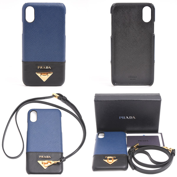 プラダ レディース サフィアーノレザー iPhone X/XS対応 iPhoneケース ネックストラップ付 ネイビー ブルー ブラック PRADA 1ZH058 中古