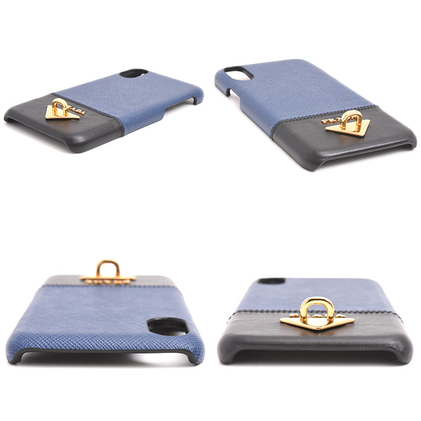 プラダ レディース サフィアーノレザー iPhone X/XS対応 iPhoneケース ネックストラップ付 ネイビー ブルー ブラック PRADA 1ZH058 中古