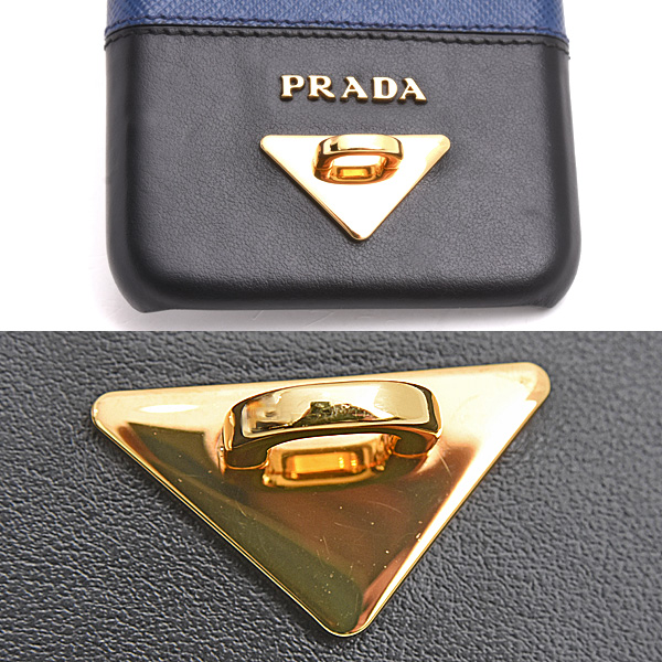 プラダ レディース サフィアーノレザー iPhone X/XS対応 iPhoneケース ネックストラップ付 ネイビー ブルー ブラック PRADA 1ZH058 中古