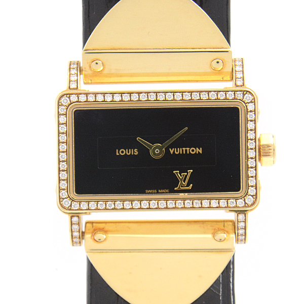 ルイヴィトン 時計 レディース アンプリーズ ダイヤモンドベゼル イエローゴールド 電池式 ブラック文字盤 Louis Vuitton Q371K 中古