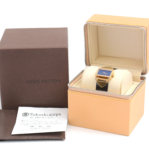 ルイヴィトン 時計 レディース アンプリーズ ダイヤモンドベゼル イエローゴールド 電池式 ブラック文字盤 Louis Vuitton Q371K 中古