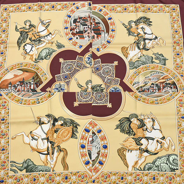 エルメス スカーフ レディース カレ90 LE TRIOMPHE DU PALADIN 正義の騎士の勝利 ストール シルク ボルドー HERMES 中古