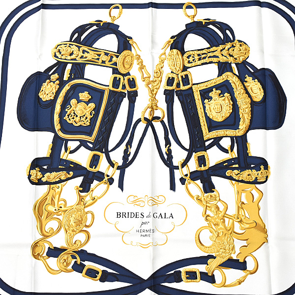 エルメス スカーフ レディース カレ90 BRIDES DE GALA 式典用馬勒 馬具 大判 シルク ネイビー×ホワイト HERMES 中古