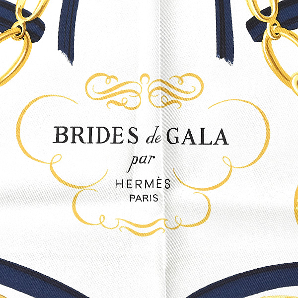 エルメス スカーフ レディース カレ90 BRIDES DE GALA 式典用馬勒 馬具 大判 シルク ネイビー×ホワイト HERMES 中古