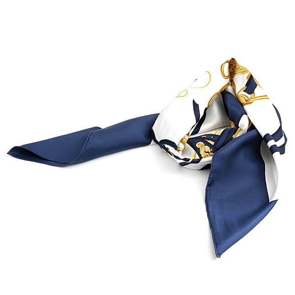 エルメス スカーフ レディース カレ90 BRIDES DE GALA 式典用馬勒 馬具 大判 シルク ネイビー×ホワイト HERMES 中古