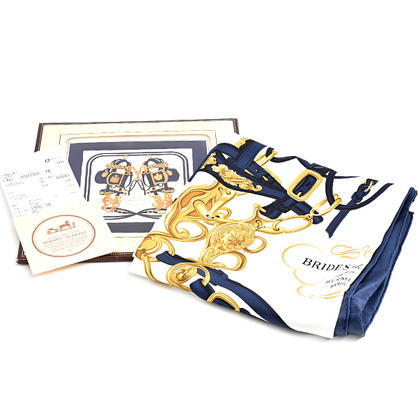 エルメス スカーフ レディース カレ90 BRIDES DE GALA 式典用馬勒 馬具 大判 シルク ネイビー×ホワイト HERMES 中古