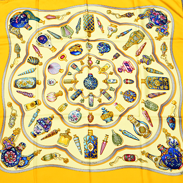 エルメス スカーフ レディース カレ90 Pourvu qu on ait l ivresse 酔いしれるほどに 香水瓶 シルク イエロー HERMES 中古