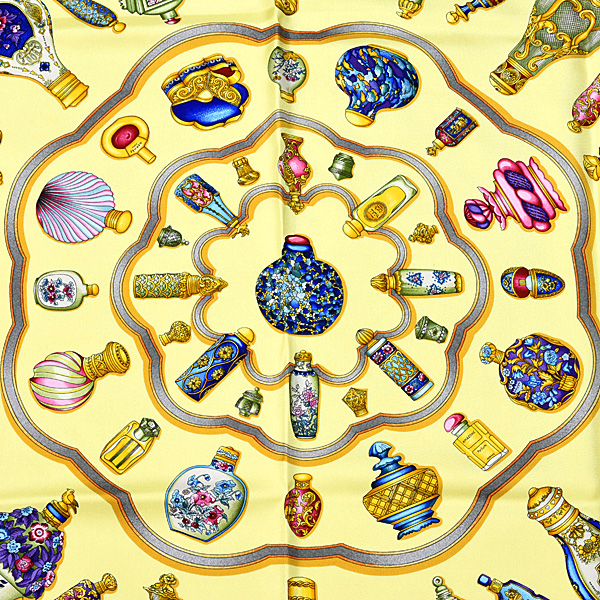 エルメス スカーフ レディース カレ90 Pourvu qu on ait l ivresse 酔いしれるほどに 香水瓶 シルク イエロー HERMES 中古