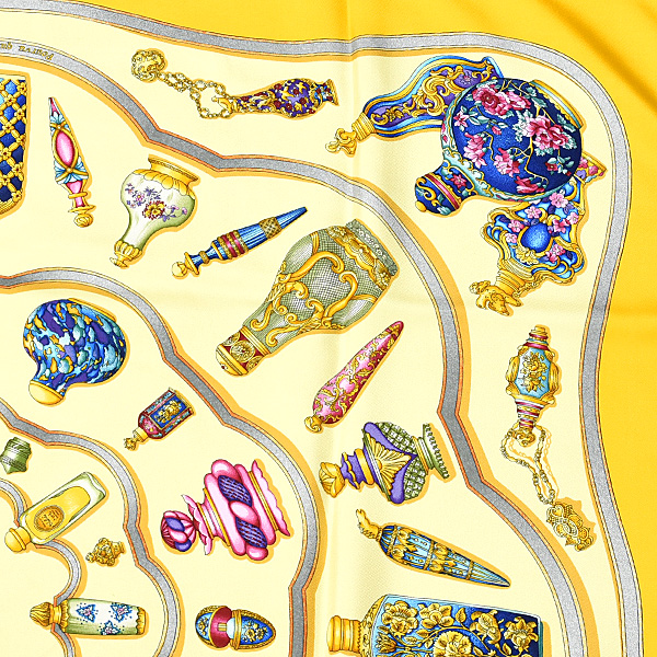 エルメス スカーフ レディース カレ90 Pourvu qu on ait l ivresse 酔いしれるほどに 香水瓶 シルク イエロー HERMES 中古