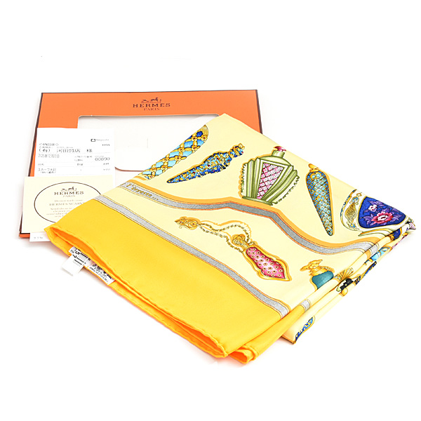 エルメス スカーフ レディース カレ90 Pourvu qu on ait l ivresse 酔いしれるほどに 香水瓶 シルク イエロー HERMES 中古