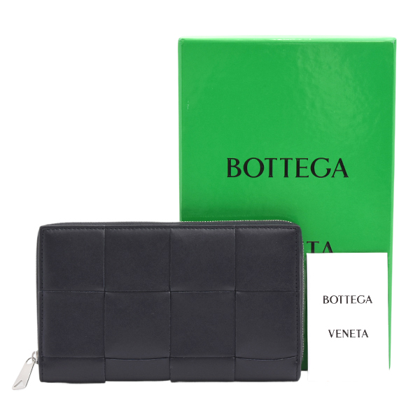 ボッテガヴェネタ 財布 メンズ カセット マキシイントレチャート ラウンドファスナー長財布 レザー ダークネイビー BOTTEGA VENETA 814649 VBWD5 中古