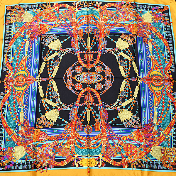 グッチ スカーフ レディース タッセルデザイン 大判 ショール シルク100% ブラック ゴールド GUCCI 中古