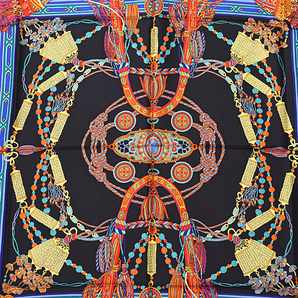 グッチ スカーフ レディース タッセルデザイン 大判 ショール シルク100% ブラック ゴールド GUCCI 中古