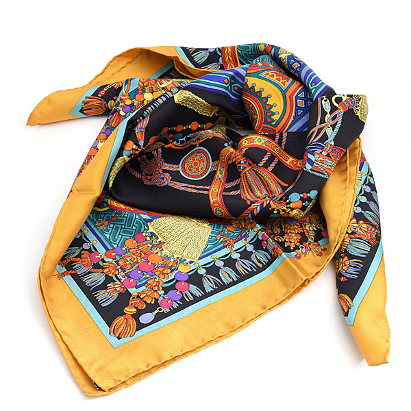 グッチ スカーフ レディース タッセルデザイン 大判 ショール シルク100% ブラック ゴールド GUCCI 中古