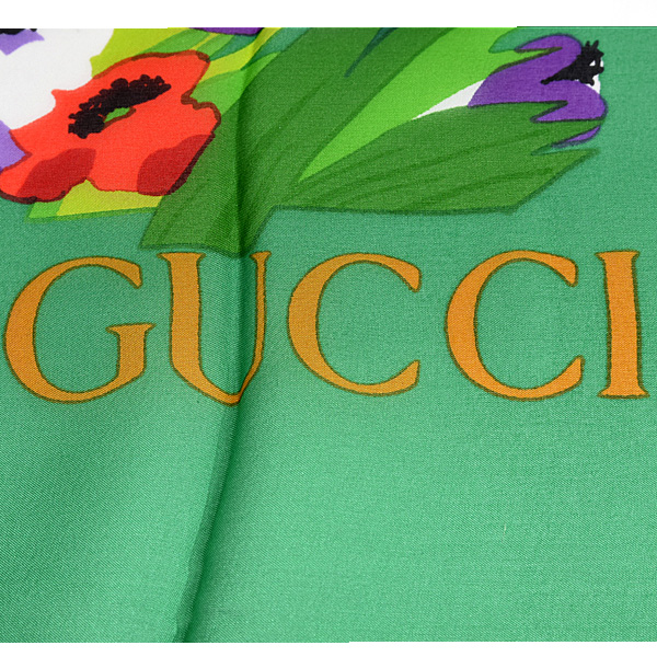 グッチ スカーフ レディース 花柄 大判 ショール シルク100% グリーン GUCCI 中古