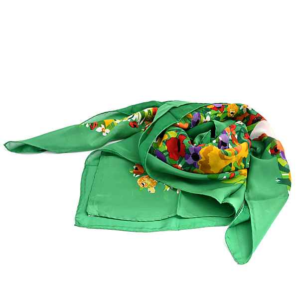 グッチ スカーフ レディース 花柄 大判 ショール シルク100% グリーン GUCCI 中古