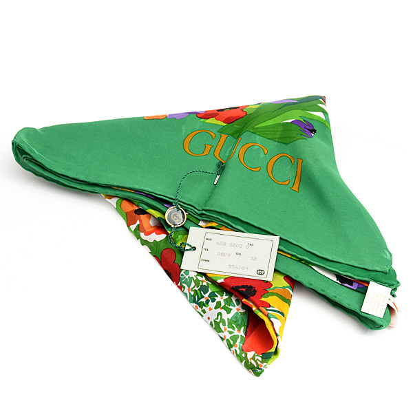 グッチ スカーフ レディース 花柄 大判 ショール シルク100% グリーン GUCCI 中古