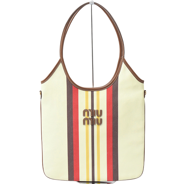 ミュウミュウ バッグ レディース キャンバスレザーバッグ ストライプ トートバッグ アイビー キャンバス×レザー マルチカラー MIU MIU 5BG231 中古