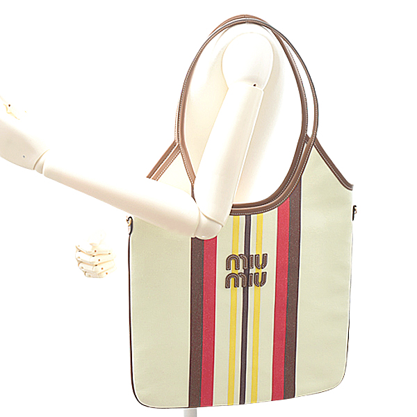 ミュウミュウ バッグ レディース キャンバスレザーバッグ ストライプ トートバッグ アイビー キャンバス×レザー マルチカラー MIU MIU 5BG231 中古