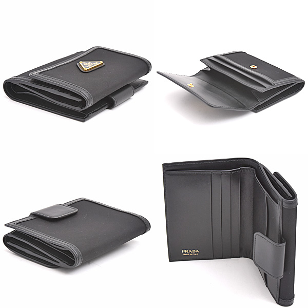 プラダ 財布 レディース トライアングルロゴ 二つ折り財布 ナイロン×カーフ テスート 異素材 ブラック ネロ PRADA 1MH523 中古