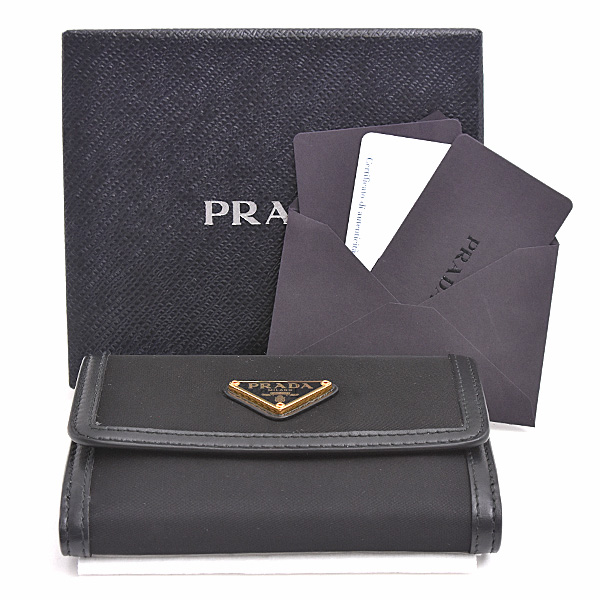 プラダ 財布 レディース トライアングルロゴ 二つ折り財布 ナイロン×カーフ テスート 異素材 ブラック ネロ PRADA 1MH523 中古