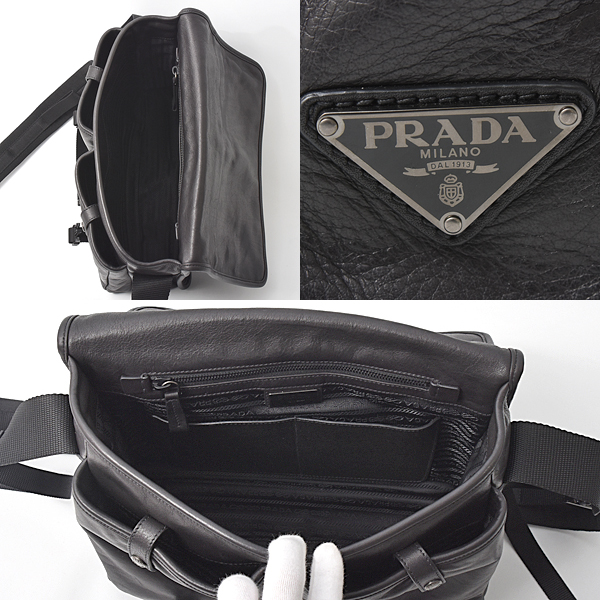 プラダ バッグ メンズ メッセンジャーバック ショルダーバッグ カーフ ブラック PRADA 2VD768 中古