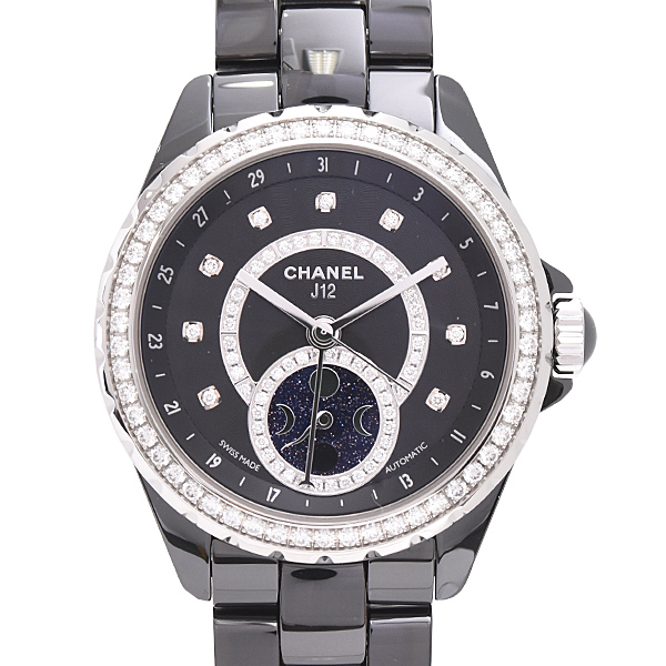 シャネル 時計 メンズ J12 ファーズドゥリュヌ ダイヤベゼル 自動巻 ブラック文字盤 純正ダイヤ セラミック CHANEL H3407 中古