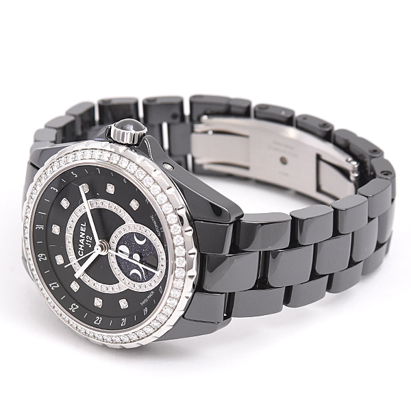 シャネル 時計 メンズ J12 ファーズドゥリュヌ ダイヤベゼル 自動巻 ブラック文字盤 純正ダイヤ セラミック CHANEL H3407 中古