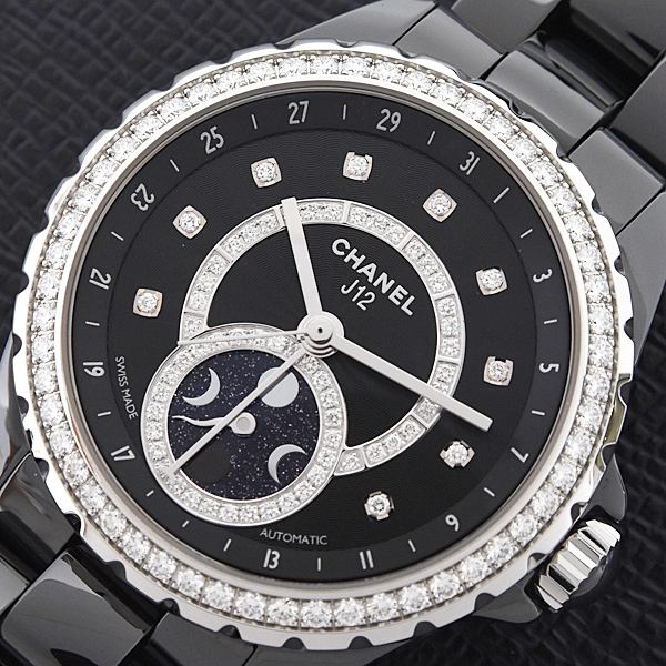 シャネル 時計 メンズ J12 ファーズドゥリュヌ ダイヤベゼル 自動巻 ブラック文字盤 純正ダイヤ セラミック CHANEL H3407 中古