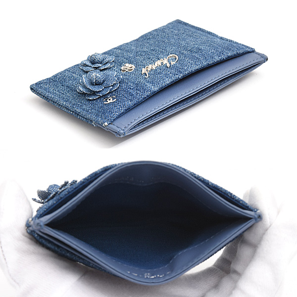 シャネル カードケース レディース カメリア カードケース パスケース デニム ブルー CHANEL 中古