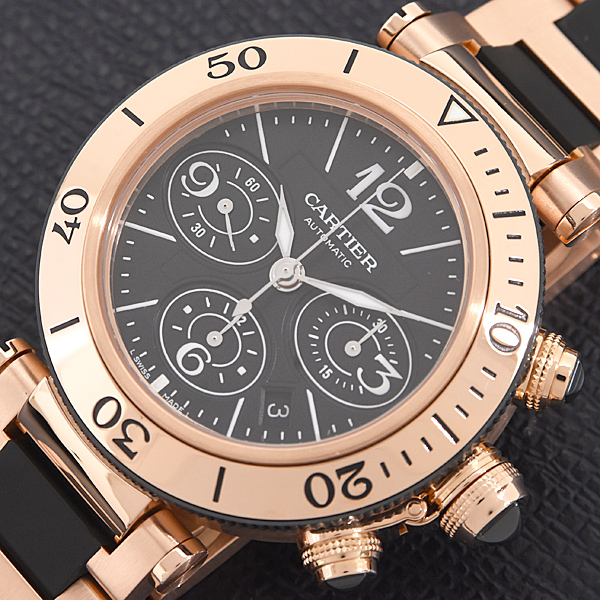 カルティエ 時計 メンズ パシャ シータイマー クロノグラフ ブラック文字盤 自動巻 ピンクゴールド Cartier 750PG W301980M 中古